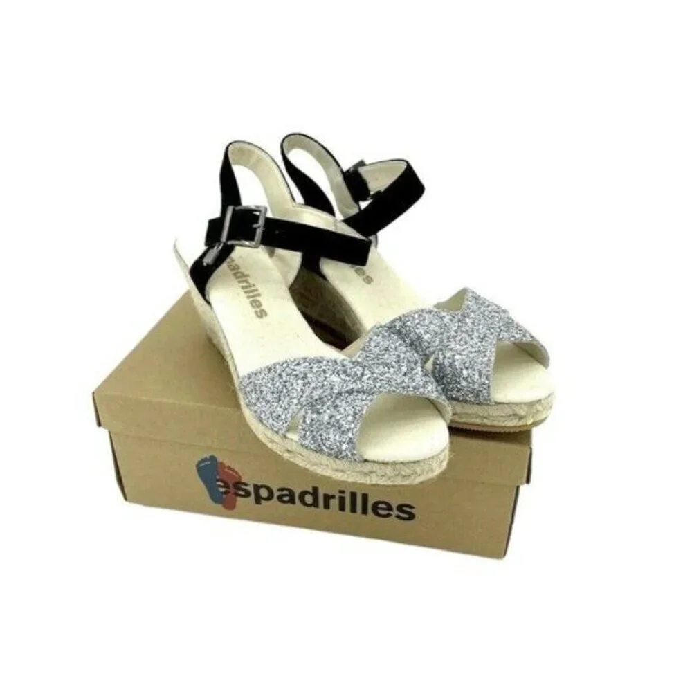ESPADRILLES Boem Wedge Sandals Silver Glitter Black Suede Sz 42 US 11.5 US NIB